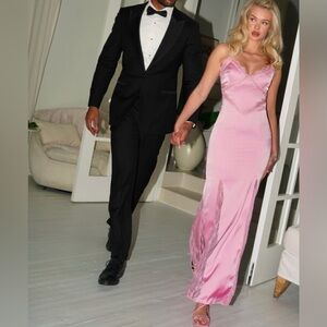 Xandria Pink Lace Satin Mermaid Flare Maxi Dress